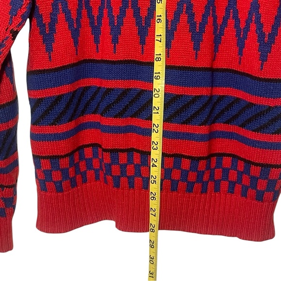 Vtg 80s Streetwear Mens L Knit Sweater Red Blue Purple Crewneck Geometric Print - Picture 7 of 11